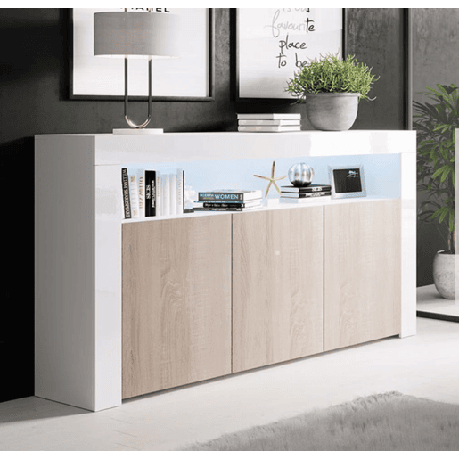 Aparador Sala de estar e jantar BrancoSonoma 155x37x91,5 3 portas LED Aker Muebles Bonitos