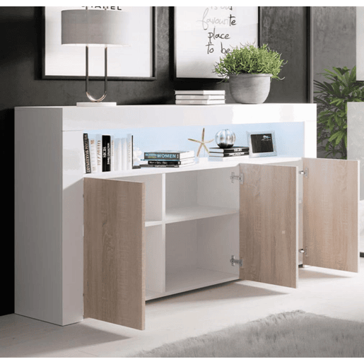 Aparador Sala de estar e jantar BrancoSonoma 155x37x91,5 3 portas LED Aker Muebles Bonitos