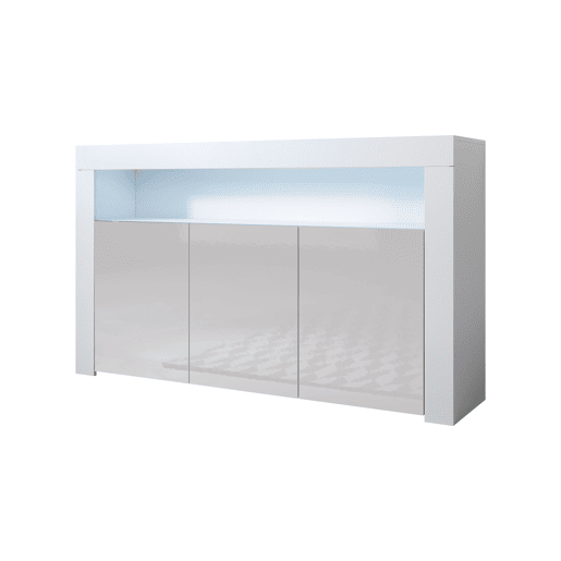 Aparador Sala de estar e jantar BrancoCinzento 155x37x91,5 3 portas LED Aker Muebles Bonitos