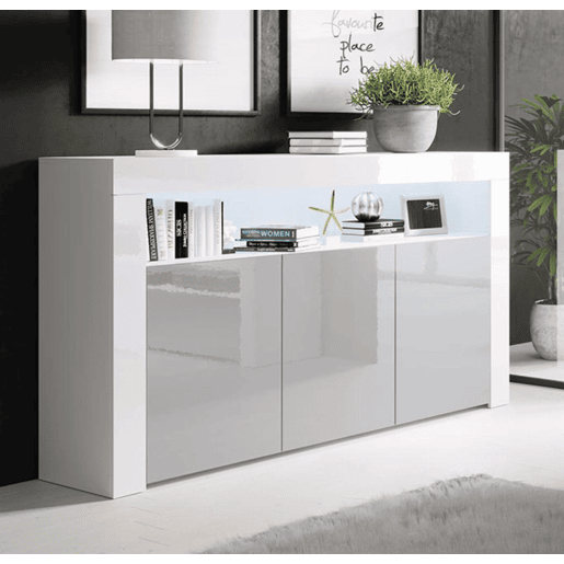 Aparador Sala de estar e jantar BrancoCinzento 155x37x91,5 3 portas LED Aker Muebles Bonitos