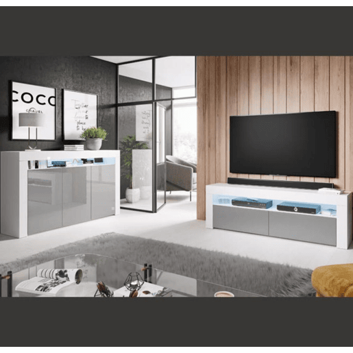 Aparador Sala de estar e jantar BrancoCinzento 155x37x91,5 3 portas LED Aker Muebles Bonitos