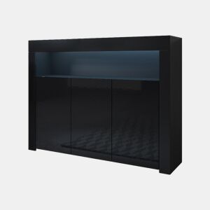 Aparador Sala de estar e jantar Preto 155x37x91,5 3 portas LED Aker Muebles Bonitos