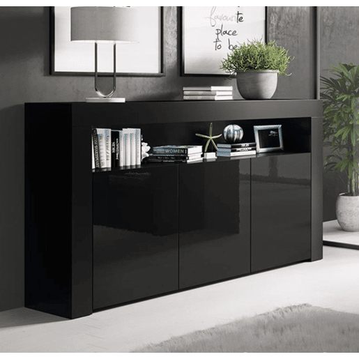 Aparador Sala de estar e jantar Preto 155x37x91,5 3 portas LED Aker Muebles Bonitos