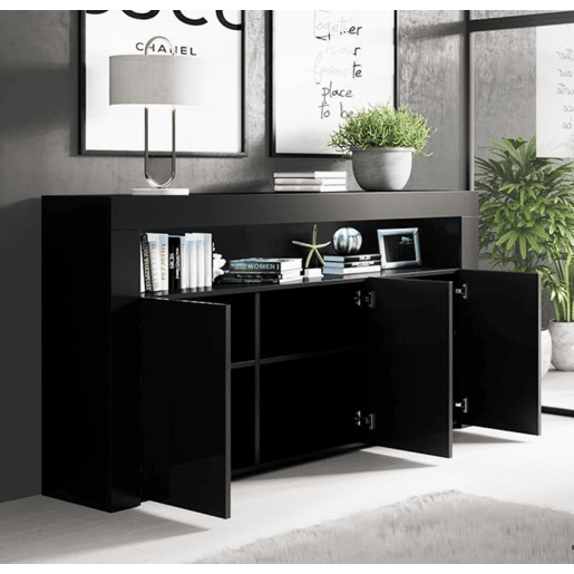 Aparador Sala de estar e jantar Preto 155x37x91,5 3 portas LED Aker Muebles Bonitos