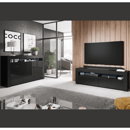 Aparador Sala de estar e jantar Preto 155x37x91,5 3 portas LED Aker Muebles Bonitos