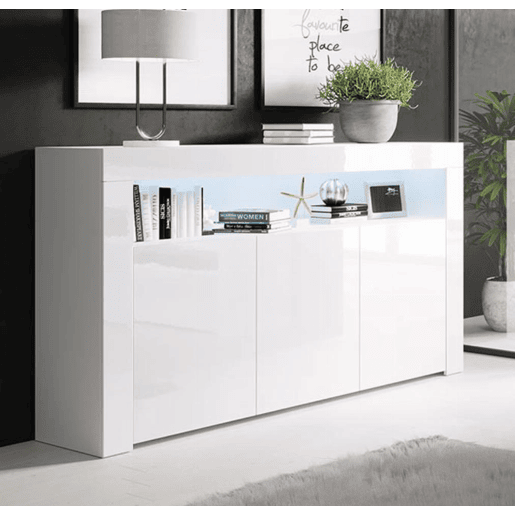 Aparador Sala de estar e jantar Branco 155x37x91,5 3 portas LED Aker Muebles Bonitos