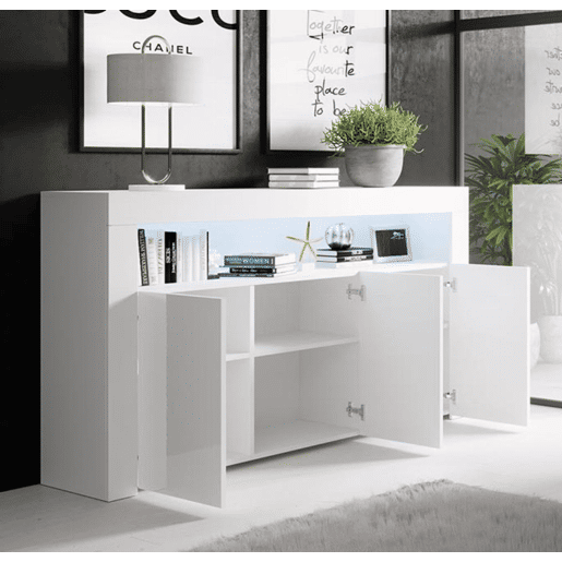 Aparador Sala de estar e jantar Branco 155x37x91,5 3 portas LED Aker Muebles Bonitos