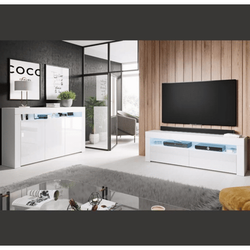 Aparador Sala de estar e jantar Branco 155x37x91,5 3 portas LED Aker Muebles Bonitos