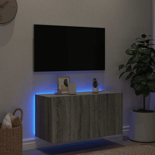Móvel de parede p TV - Armário de TV c luzes LED 80x35x41 cm cinzento sonoma
