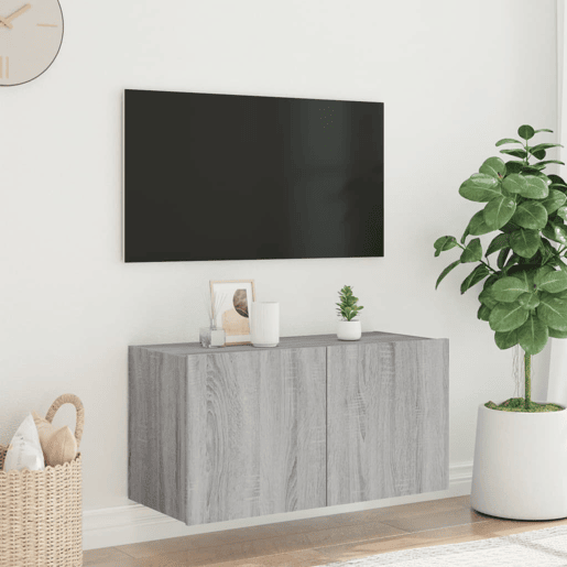 Móvel de parede p TV - Armário de TV c luzes LED 80x35x41 cm cinzento sonoma