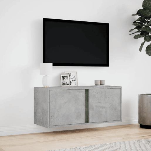 Móvel de parede p TV - Armário de TV c luzes LED 80x31x35 cm cinzento cimento