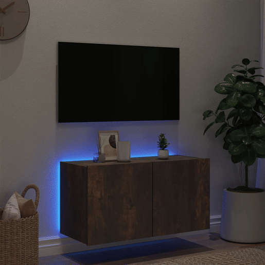 Móvel de parede p TV - Armário de TV c luzes LED 80x35x41 cm carvalho fumado