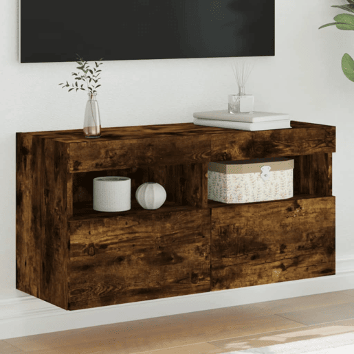 Móvel de parede p TV - Armário de TV c luzes LED 80x30x40 cm carvalho fumado