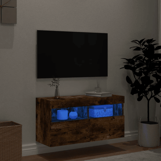 Móvel de parede p TV - Armário de TV c luzes LED 80x30x40 cm carvalho fumado