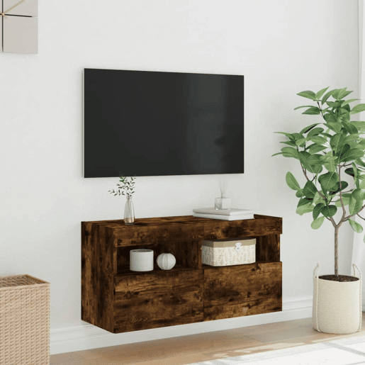 Móvel de parede p TV - Armário de TV c luzes LED 80x30x40 cm carvalho fumado