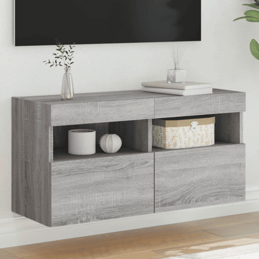 Móvel de parede p TV - Armário de TV c luzes LED 80x30x40 cm cinzento sonoma