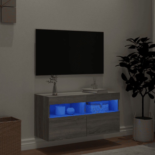 Móvel de parede p TV - Armário de TV c luzes LED 80x30x40 cm cinzento sonoma
