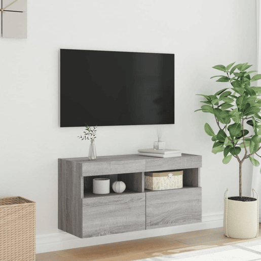 Móvel de parede p TV - Armário de TV c luzes LED 80x30x40 cm cinzento sonoma