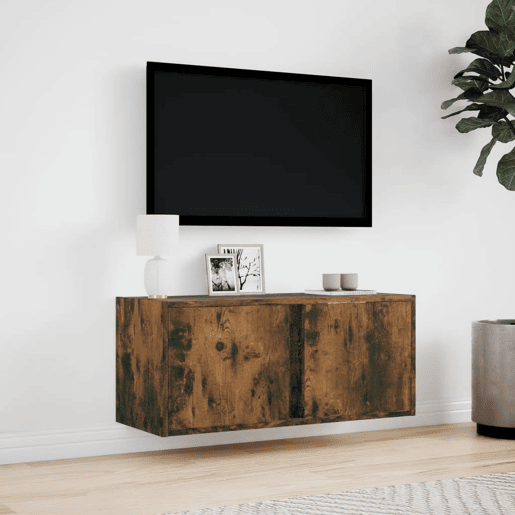 Móvel de parede p TV - Armário de TV c luzes LED 80x31x35 cm carvalho fumado