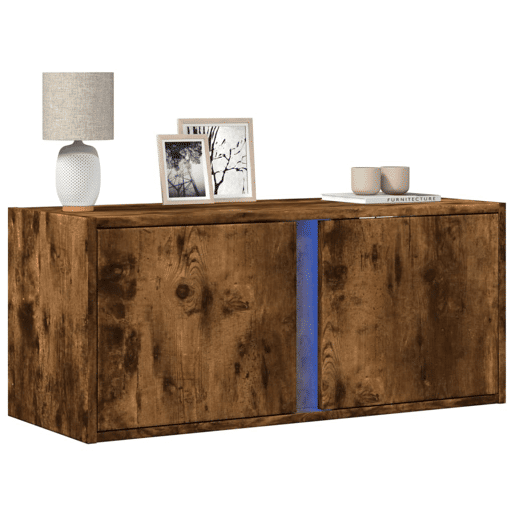 Móvel de parede p TV - Armário de TV c luzes LED 80x31x35 cm carvalho fumado