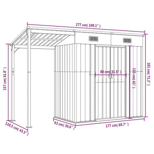Galpão de jardim Cabana Galpão Casa de armazenamento Galpão externo Galpão de ferramentas para serviços pesados u200Bu200Bcom telhado transparente estendido 277 x 110,5 x 181 cm Marrom 02_0022220