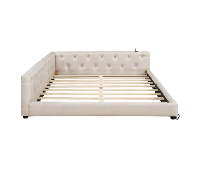 Sofá cama 140x200 cm - con somier, sin colchón, iluminación ambiental con mando, cabecero capitoné, usb+tipo-c, lino - beige