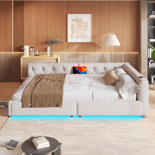 Sofá-cama 140x200 cm - com estrado, sem colchão, iluminação ambiente com comando, cabeceira capitoné, USB+Tipo-C, linho - bege