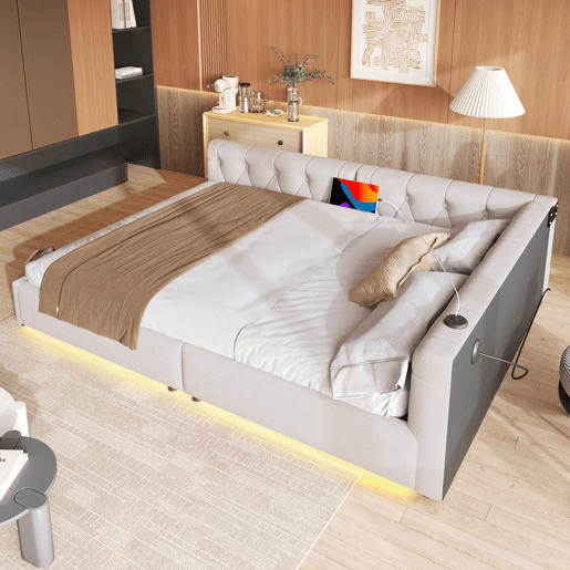 Sofá-cama 140x200 cm - com estrado, sem colchão, iluminação ambiente com comando, cabeceira capitoné, USB+Tipo-C, linho - bege