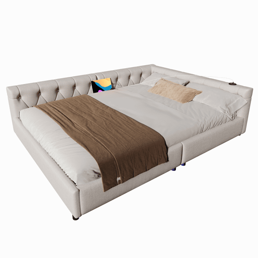 Sofá-cama 140x200 cm - com estrado, sem colchão, iluminação ambiente com comando, cabeceira capitoné, USB+Tipo-C, linho - bege