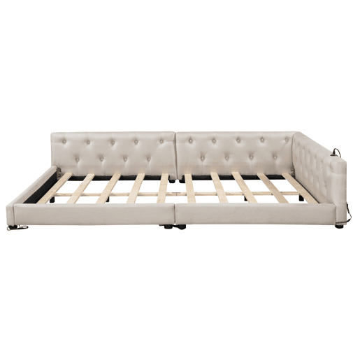 Sofá-cama 140x200 cm - com estrado, sem colchão, iluminação ambiente com comando, cabeceira capitoné, USB+Tipo-C, linho - bege