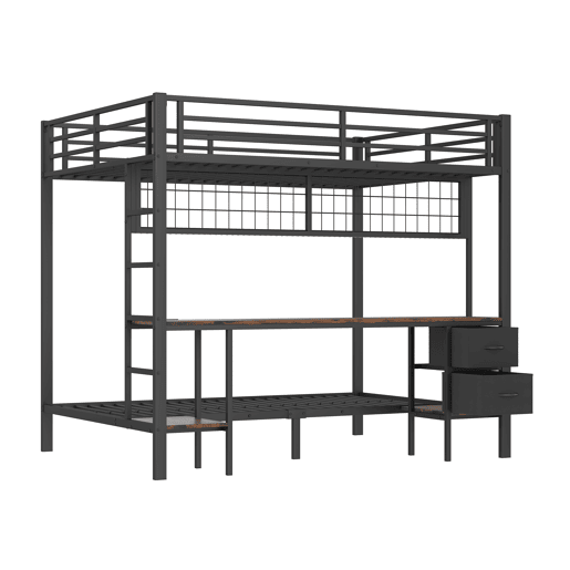 Beliche alto, 90x200cm e 140x200cm - Estrutura em ferro, com gavetas, prateleiras, grade para pendurar, secretária, faixa LED de 7 cores, porta USB - Preto