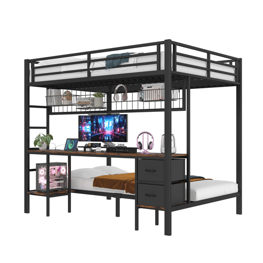 Beliche alto, 90x200cm e 140x200cm - Estrutura em ferro, com gavetas, prateleiras, grade para pendurar, secretária, faixa LED de 7 cores, porta USB - Preto