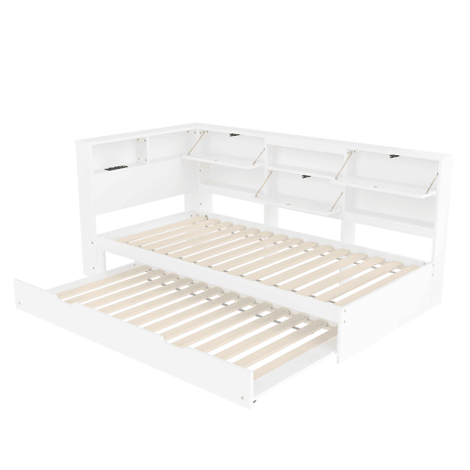 Cama nido 90x200 cm - sofá-cama, cabeceira com arrumação, cama extraível, sem colchão - branco