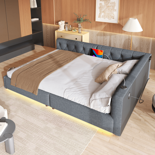 Sofá-cama 140x200 cm - com estrado, sem colchão, iluminação ambiente com comando, cabeceira acolchoada, USB+Tipo-C, linho - cinzento