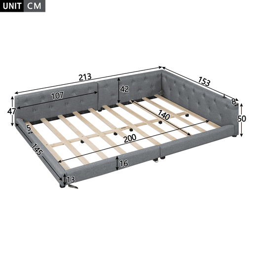 Sofá-cama 140x200 cm - com estrado, sem colchão, iluminação ambiente com comando, cabeceira acolchoada, USB+Tipo-C, linho - cinzento