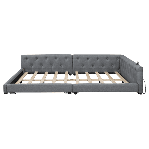Sofá-cama 140x200 cm - com estrado, sem colchão, iluminação ambiente com comando, cabeceira acolchoada, USB+Tipo-C, linho - cinzento