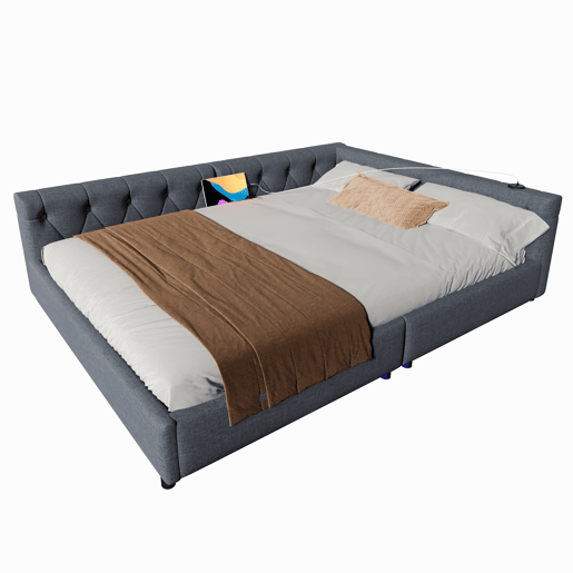 Sofá-cama 140x200 cm - com estrado, sem colchão, iluminação ambiente com comando, cabeceira acolchoada, USB+Tipo-C, linho - cinzento