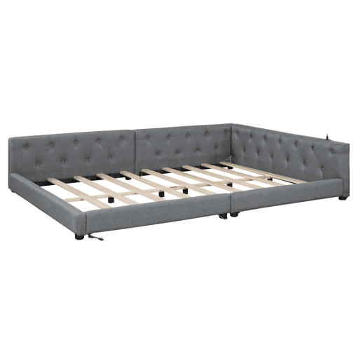 Sofá-cama 140x200 cm - com estrado, sem colchão, iluminação ambiente com comando, cabeceira acolchoada, USB+Tipo-C, linho - cinzento