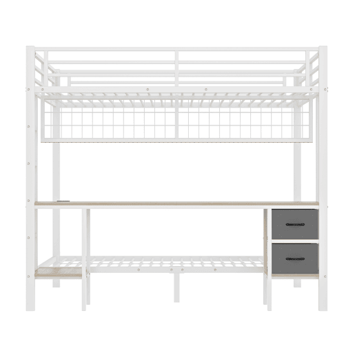 Beliche alto 90x200 e 140x200 - Estrutura em metal, gavetas, prateleiras, grade para pendurar objetos, secretária, com faixa LED de 7 cores, porta USB, sem colchão - Branco