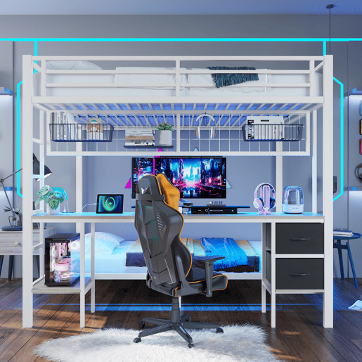Beliche alto 90x200 e 140x200 - Estrutura em metal, gavetas, prateleiras, grade para pendurar objetos, secretária, com faixa LED de 7 cores, porta USB, sem colchão - Branco