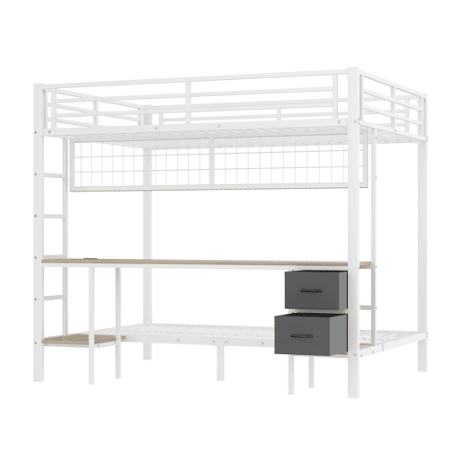 Beliche alto 90x200 e 140x200 - Estrutura em metal, gavetas, prateleiras, grade para pendurar objetos, secretária, com faixa LED de 7 cores, porta USB, sem colchão - Branco