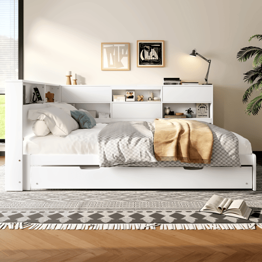 Cama nido 140x200 cm - sofá-cama, cabeceira com arrumação, cama extraível, sem colchão - branco