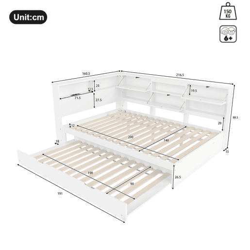 Cama nido 140x200 cm - sofá-cama, cabeceira com arrumação, cama extraível, sem colchão - branco