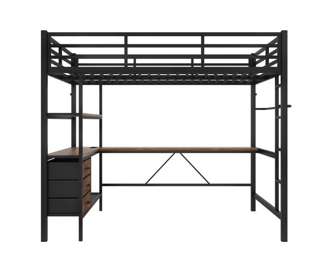 Cama alta 140x200cm - con led, escritorio, enchufe + usb, 3 cajones, estantes, barandilla, escalera - negro