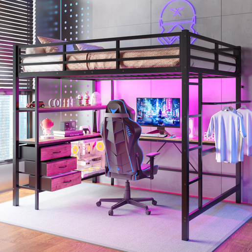 Cama alta 140x200cm - Com LED, secretária, tomada + USB, 3 gavetas, prateleiras, grade, escada - Preto