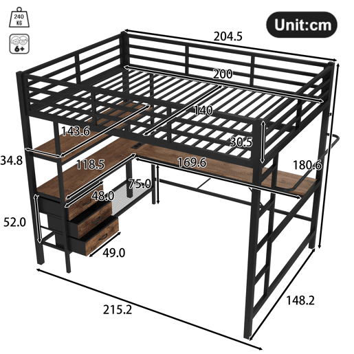 Cama alta 140x200cm - Com LED, secretária, tomada + USB, 3 gavetas, prateleiras, grade, escada - Preto
