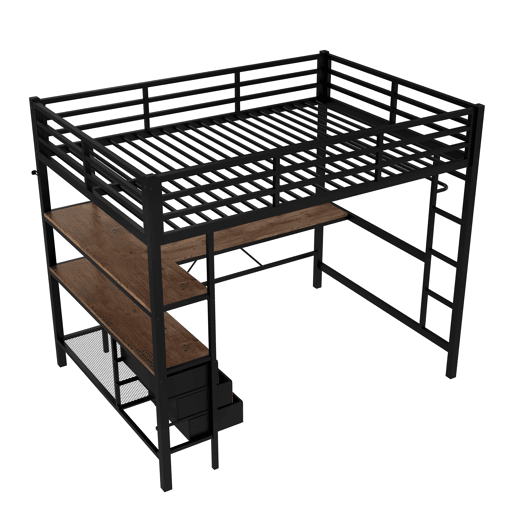 Cama alta 140x200cm - Com LED, secretária, tomada + USB, 3 gavetas, prateleiras, grade, escada - Preto