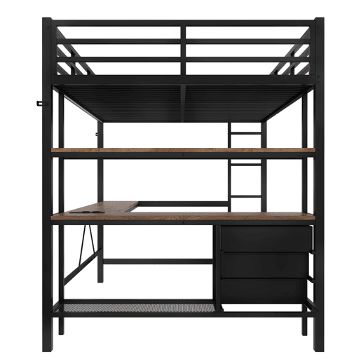 Cama alta 140x200cm - Com LED, secretária, tomada + USB, 3 gavetas, prateleiras, grade, escada - Preto