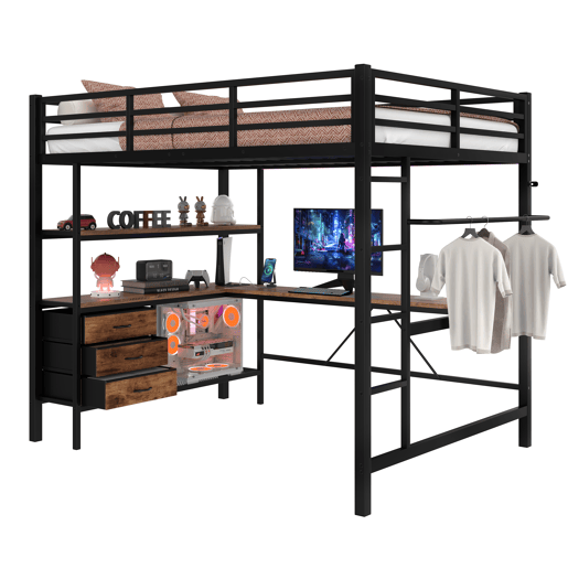 Cama alta 140x200cm - Com LED, secretária, tomada + USB, 3 gavetas, prateleiras, grade, escada - Preto