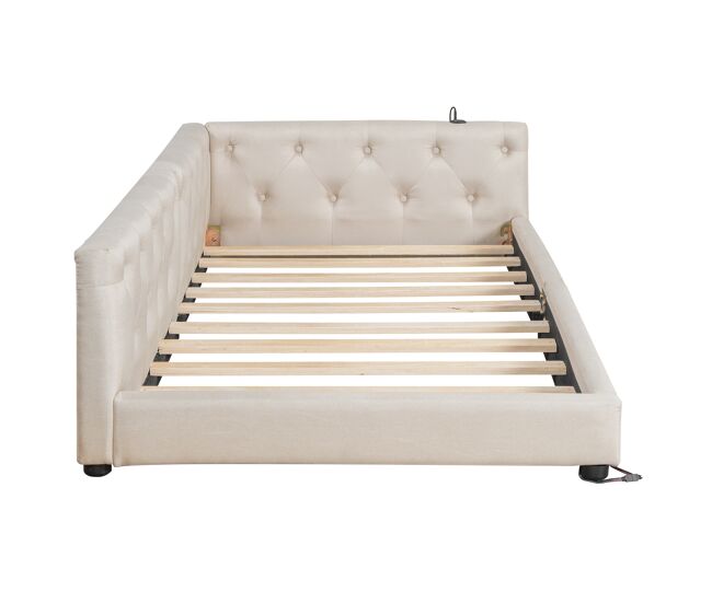 Sofá cama 90x200 cm - con somier, sin colchón, iluminación ambiental con mando, cabecero capitoné, usb+tipo-c, lino - beige
